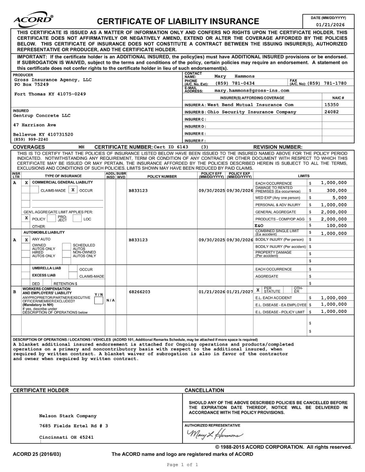 Certificate of Insurance - Gentrup Concrete