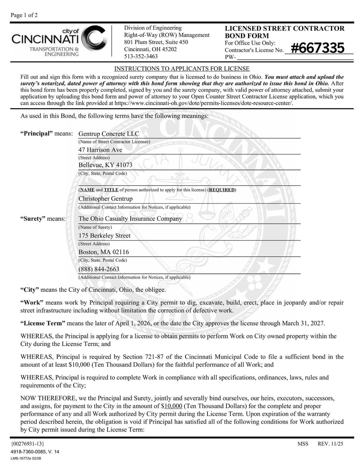 Cincinnati Licensed Street Contractor #667335